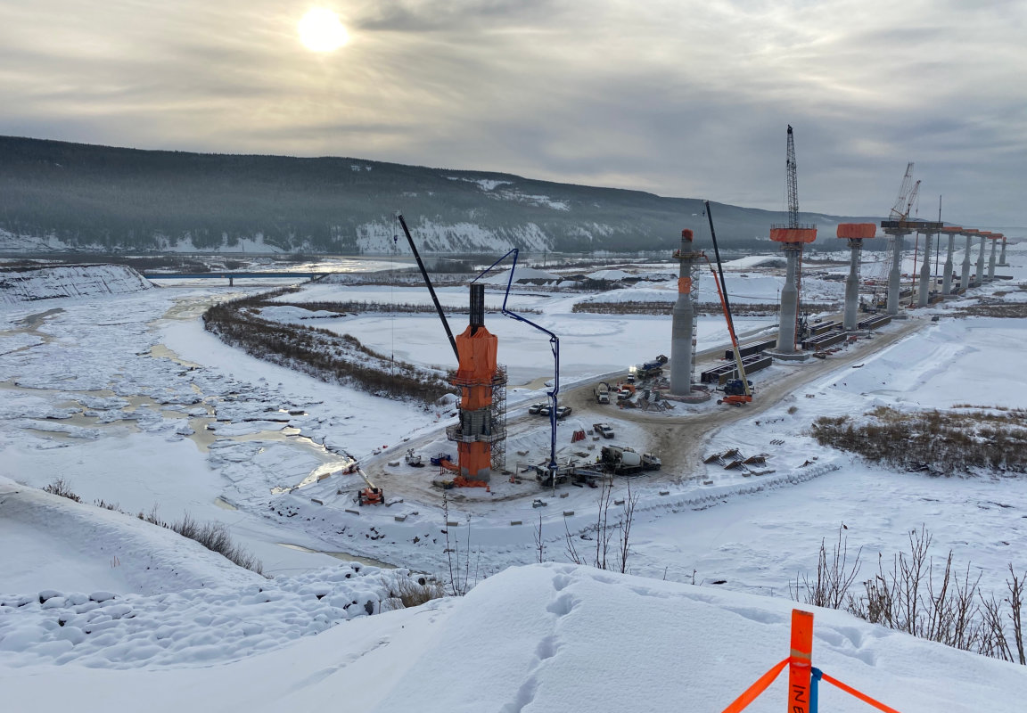 Winter concrete pours on several piers on the halfway river bridge in Fort St John BC